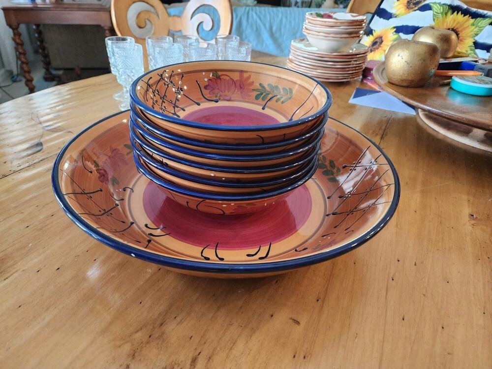14" Pasta Bowl and 6 Individual Pasta Bowls Nanette Vacher "Romance" by Ambiance